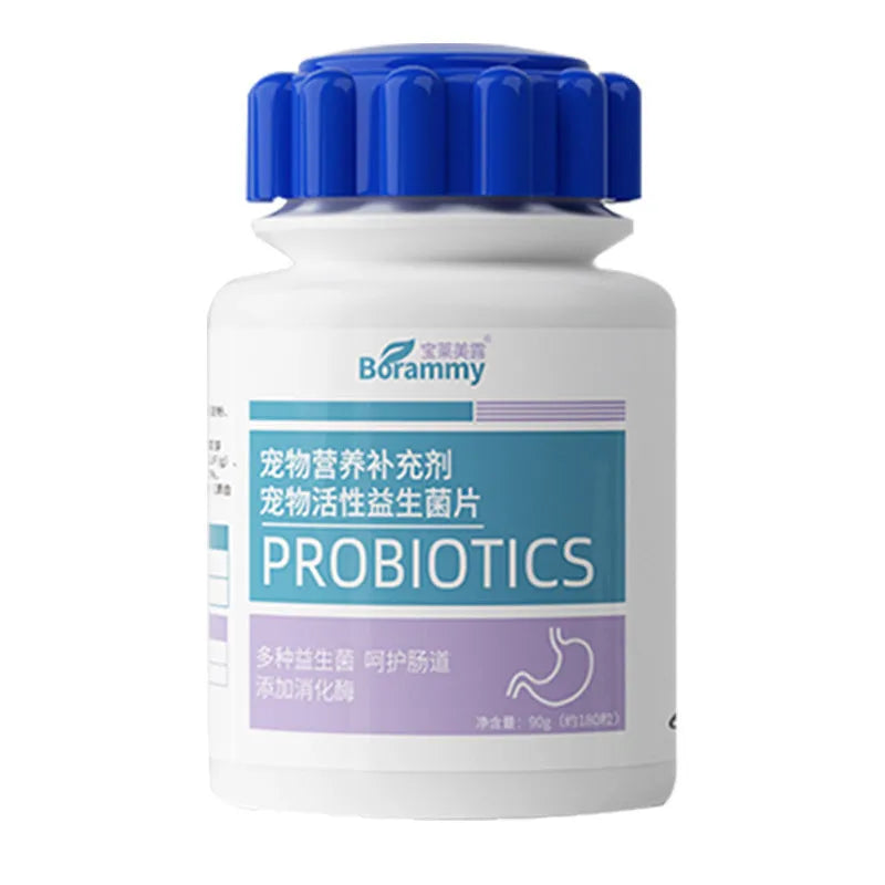 Bottle of 180 pet probiotic tablets for dog and cat digestive support.