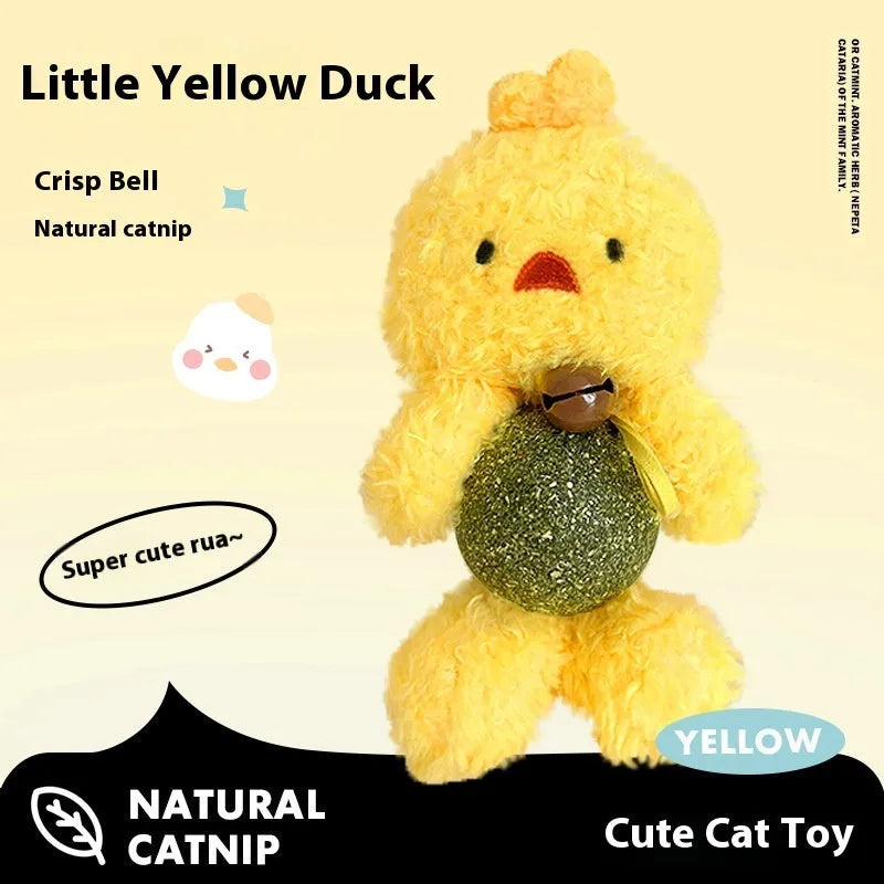Brown Bear plush cat toy with a green mint ball and bell on a white background.
