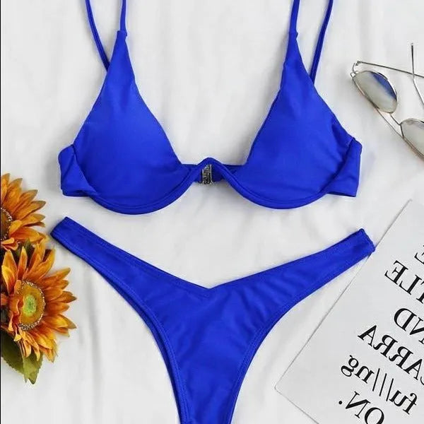 Women's steel bracket solid colour high elasticity swimsuit in royal blue, sleeveless brief style, for swimming and wading