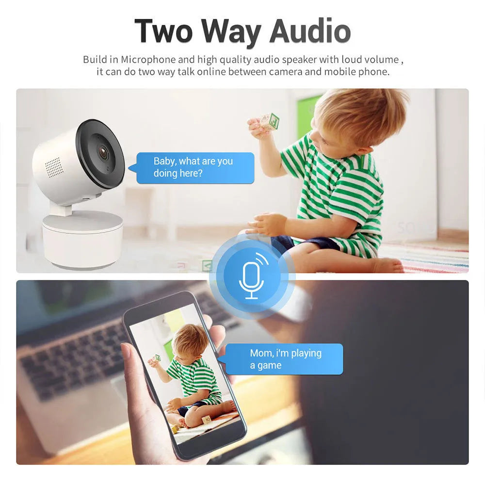White indoor Wi-Fi security camera with 1080P lens on a stand