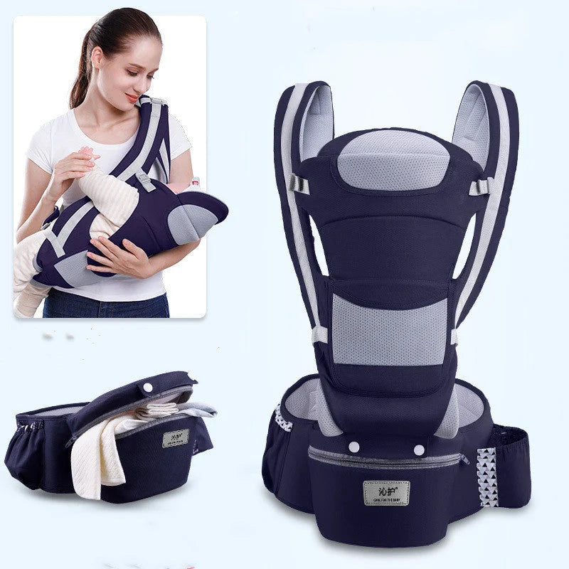 Multi-functional baby waist stool in various colours, designed for infants aged 3-36 months with a 20kg load capacity.
