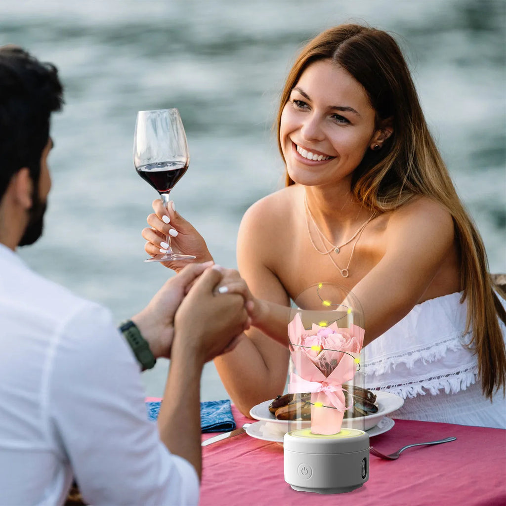 Rose-shaped LED bouquet night light with Bluetooth speaker enclosed in glass cover