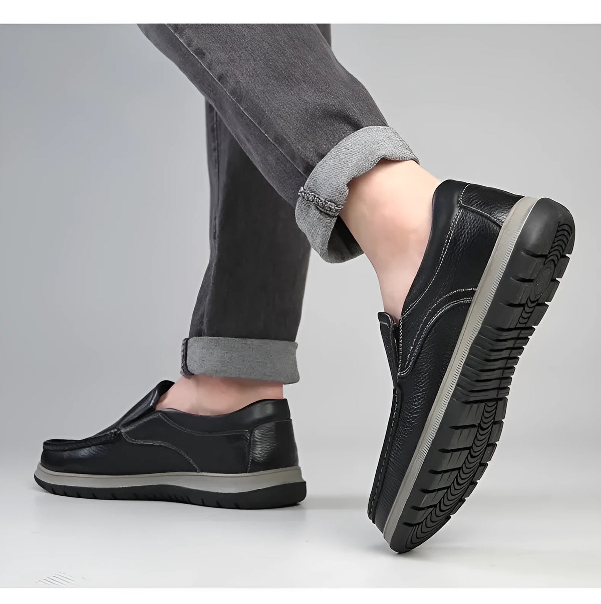 Men's casual waterproof lightweight leather shoes black low top round toe pu upper sewing line detail