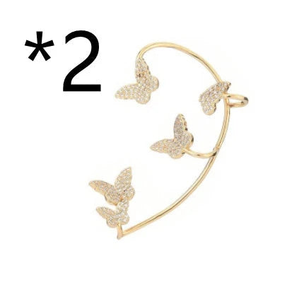 Sparkling butterfly-shaped ear cuffs with zircon stones, designed for fashionable jewelry without piercing