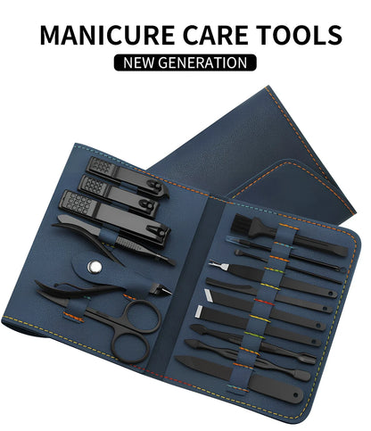 16-piece stainless steel manicure pedicure grooming kit in brown PU leather case with nail clippers and tools