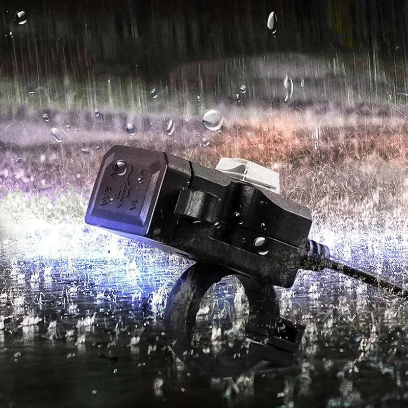 Dual USB 12V waterproof motorcycle handlebar charger with ABD housing, two ports for charging phones and GPS