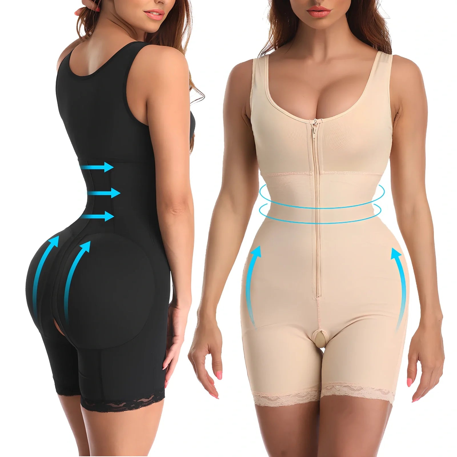 Women's black polyester zipper slimming bodysuit shapewear, high-waist design for torso compression, sizes S-6XL