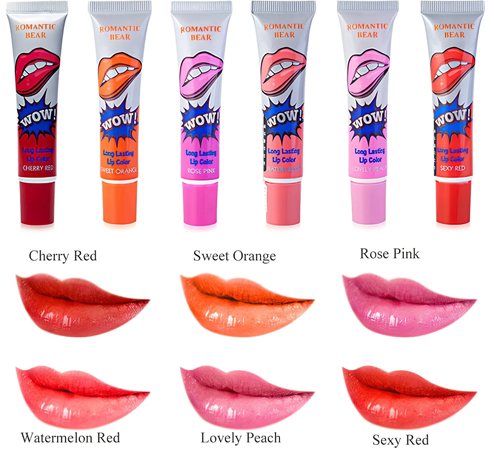 Six colour peel-off liquid lipstick set with applicator and waterproof mineral formula