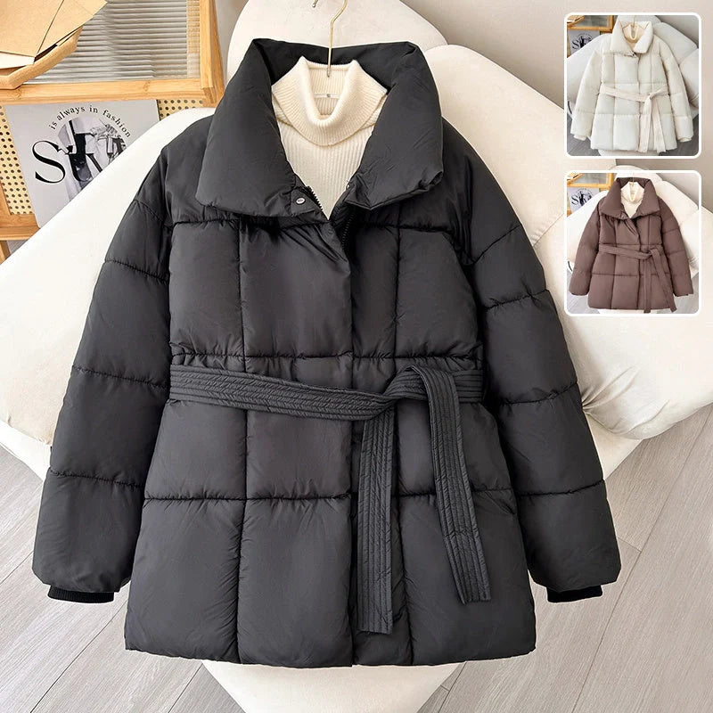 Women's warm lapel plaid coat with belt for fall and winter, available in black, white, and brown