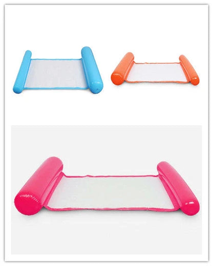 Inflatable water lounge chair in blue, floating in pool with hammock design visible