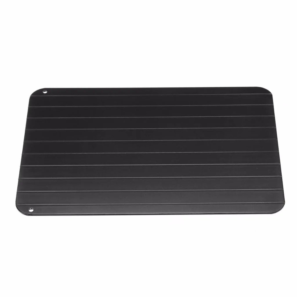 Black aluminium kitchen defrosting tray for thawing frozen food without electricity