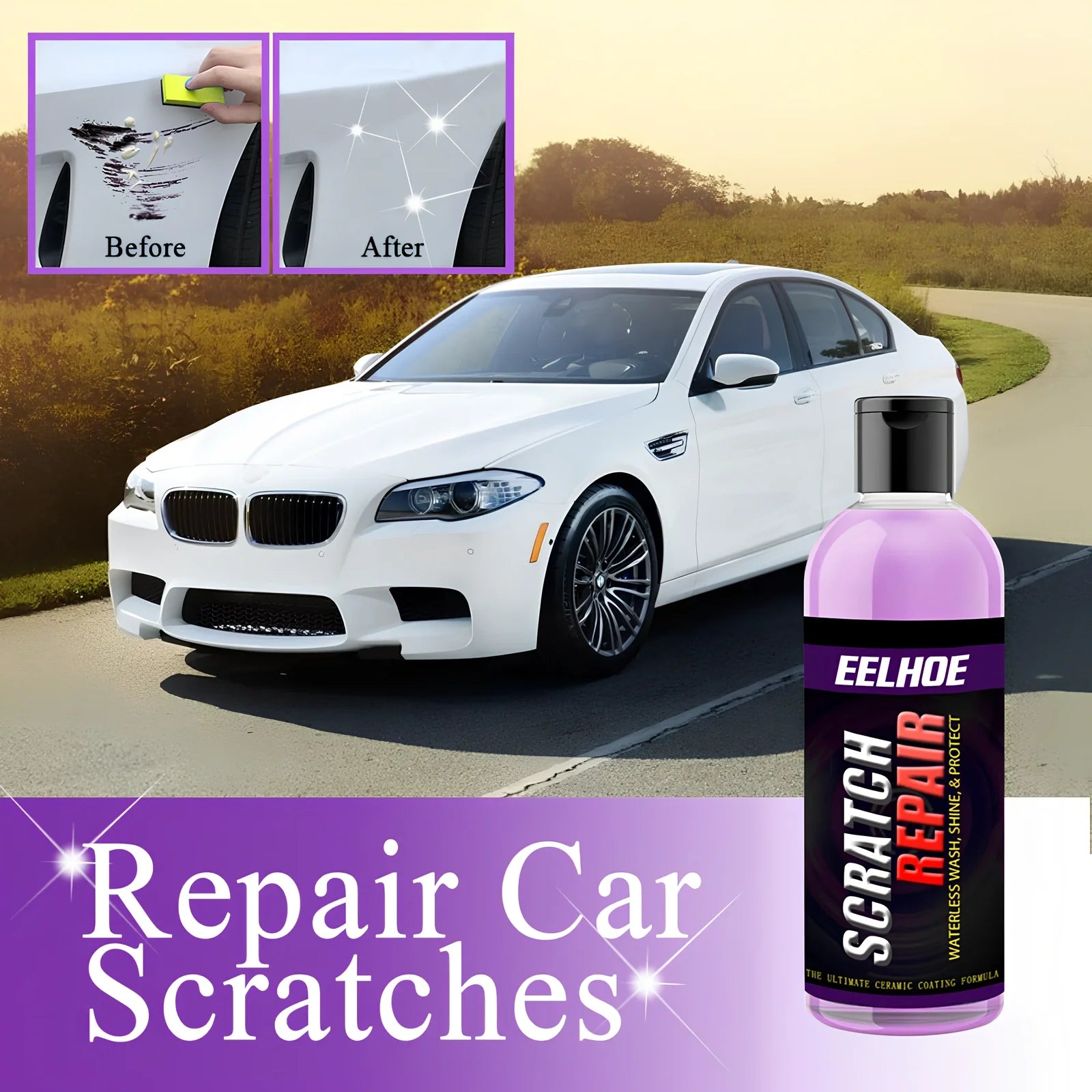 Blue bottle of 100ml car scratch repair fluid spraying on scratched vehicle panel, showing shine restoration