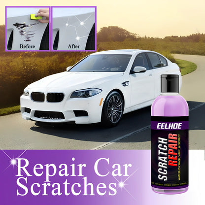 Blue bottle of 100ml car scratch repair fluid spraying on scratched vehicle panel, showing shine restoration