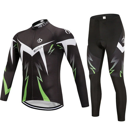 Winter cycling suit with fleece lining shown in green and red colour options with size measurements displayed