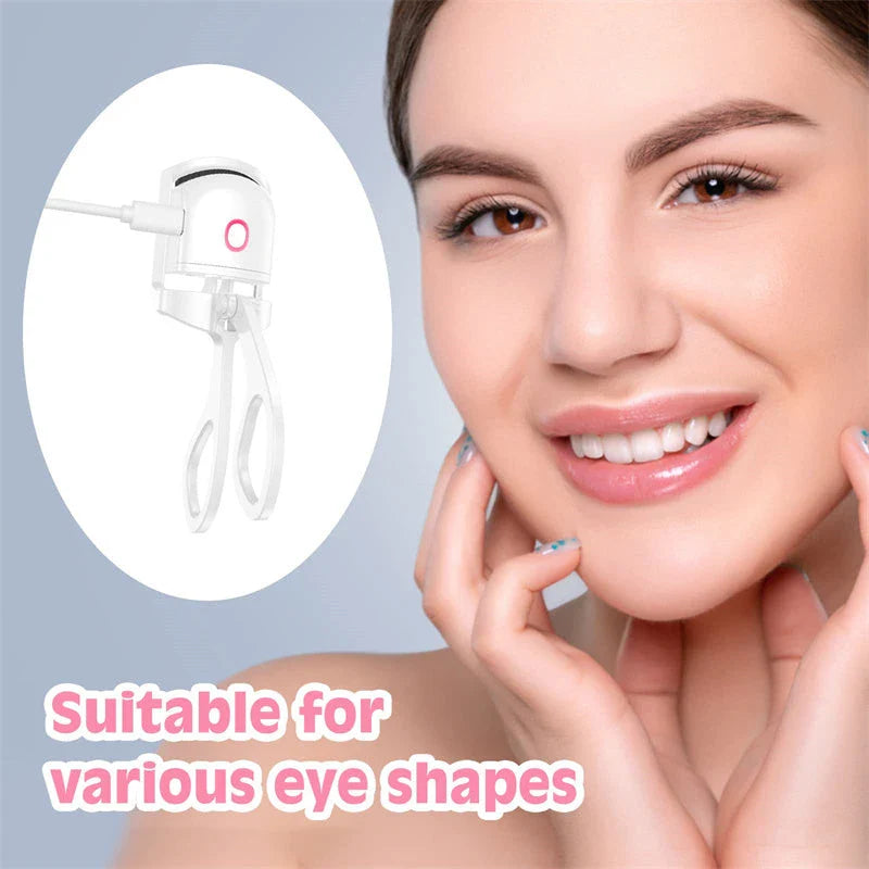 Rechargeable electric heated eyelash curler with temperature control settings, soft silicone pad, and compact, portable design for salon-quality lashes anytime, anywhere