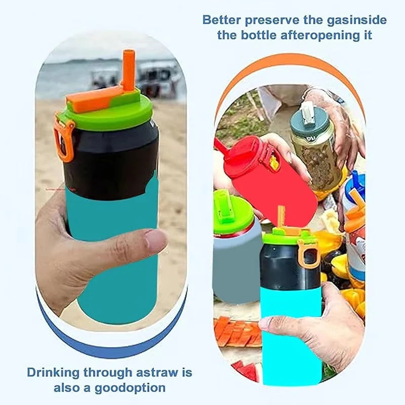 Reusable soda can lid with straw for spill-free drinking, fits all standard cans