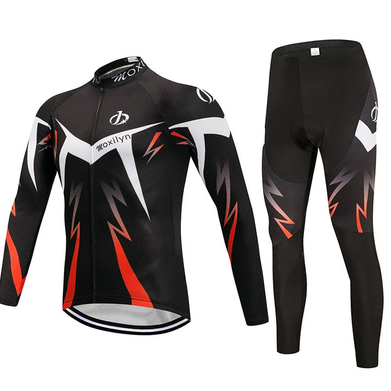 Winter cycling suit with fleece lining maintains body temperature during cold weather rides, featuring custom team sizing options across seven sizes from XS to 3XL with precise chest and length measurements