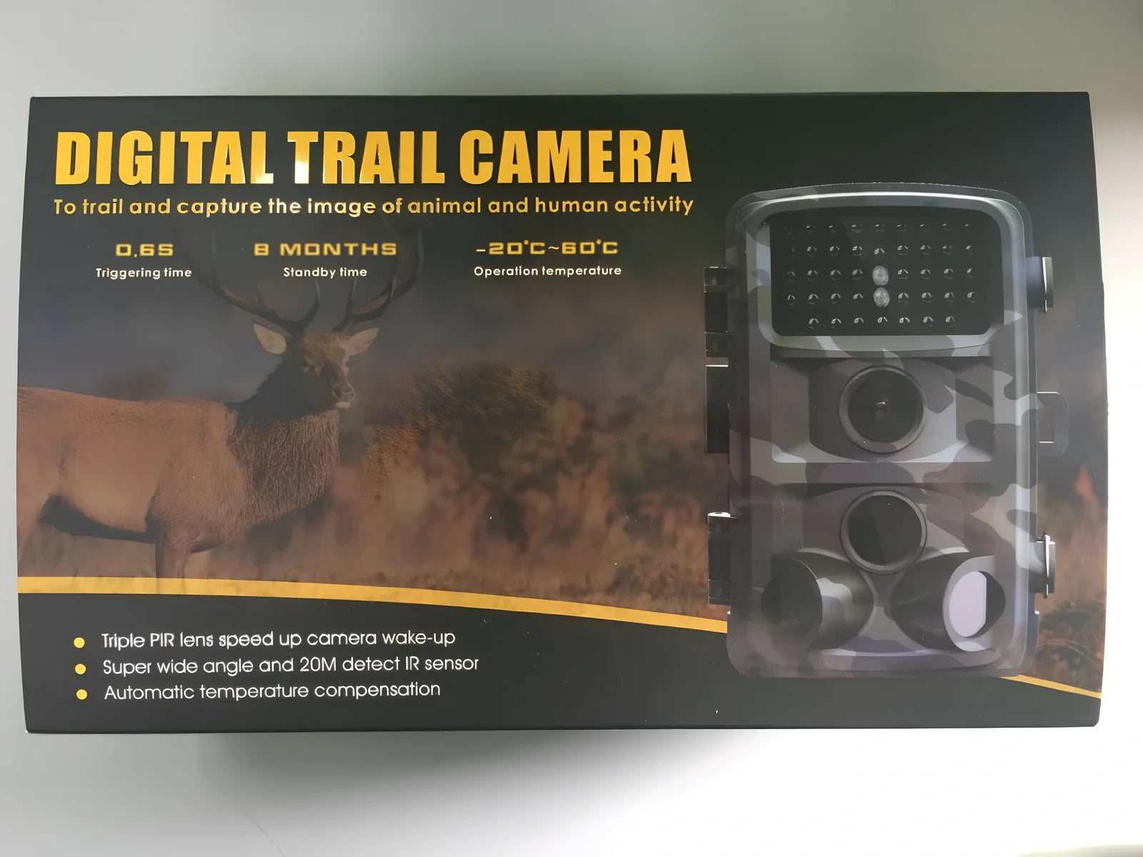 Military green Wild Hunting HD camera with 12x zoom lens and 2.0-inch LCD for trail and night use, 1080p resolution