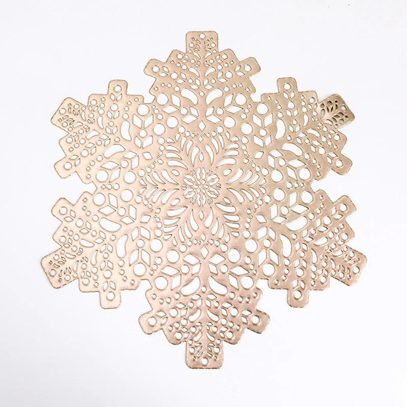 Stylish snowflake-patterned placemats in gold and silver, designed for heat resistance and spill protection on dining tables