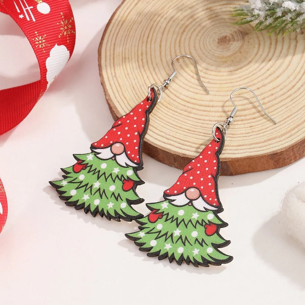 Wooden Christmas earrings with printed geometric tree and snowman designs