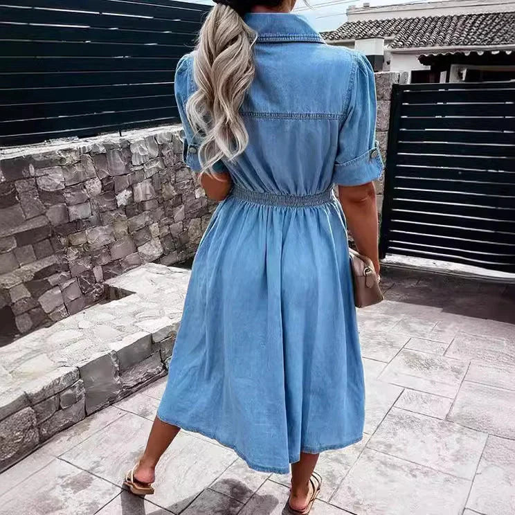 Women's blue denim A-line dress with single-breasted lapel for summer