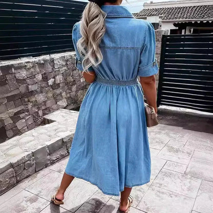 Women's blue denim A-line dress with single-breasted lapel for summer
