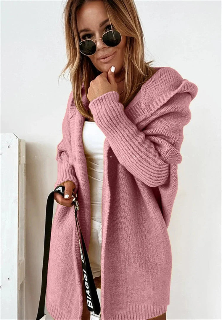 Oversized bat sleeve hooded cardigan in sheep wool blend, available in multiple colours