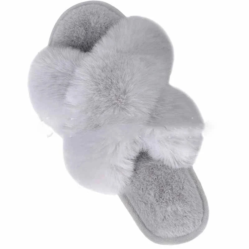 Cozy faux fur cross slippers for women in various colors, featuring a stylish design and plush, comfortable material