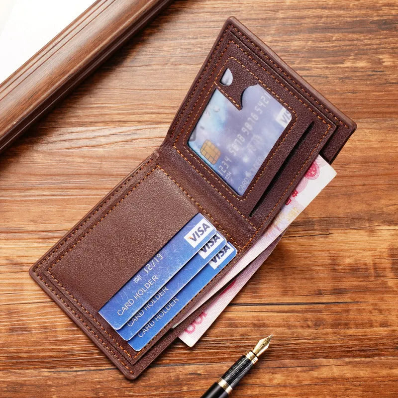 Men's horizontal three-fold PU leather wallet showing multiple card slots in black colour option