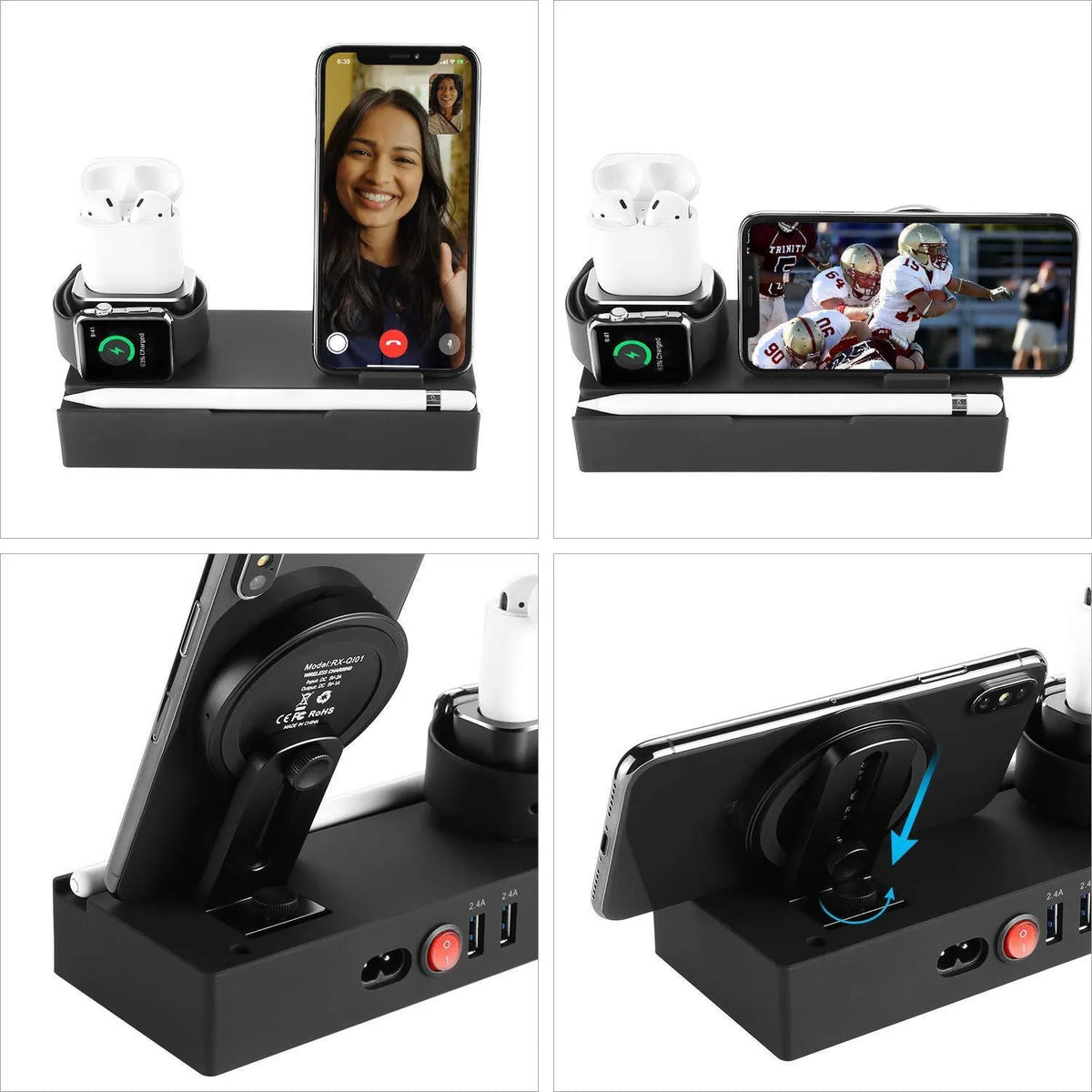 Eight in one wireless charging bracket black with 5 USB ports and wireless charging pad, ABS+PC fireproof material, compact size