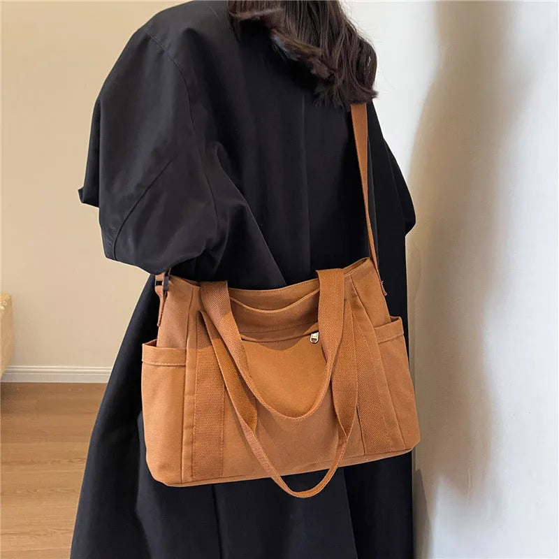 Women's solid colour polyester canvas shoulder bag with sandwich pockets and mobile phone compartment
