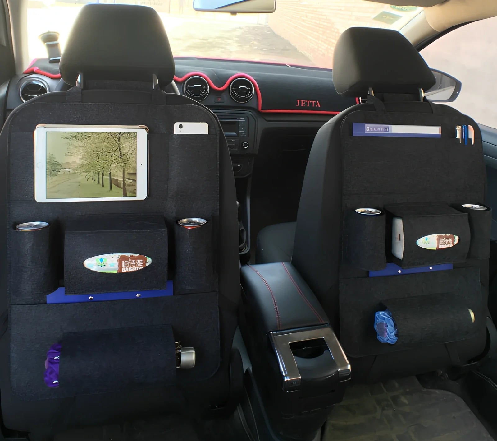 Car backseat organiser with multiple pockets measuring 40x55cm in wool felt material