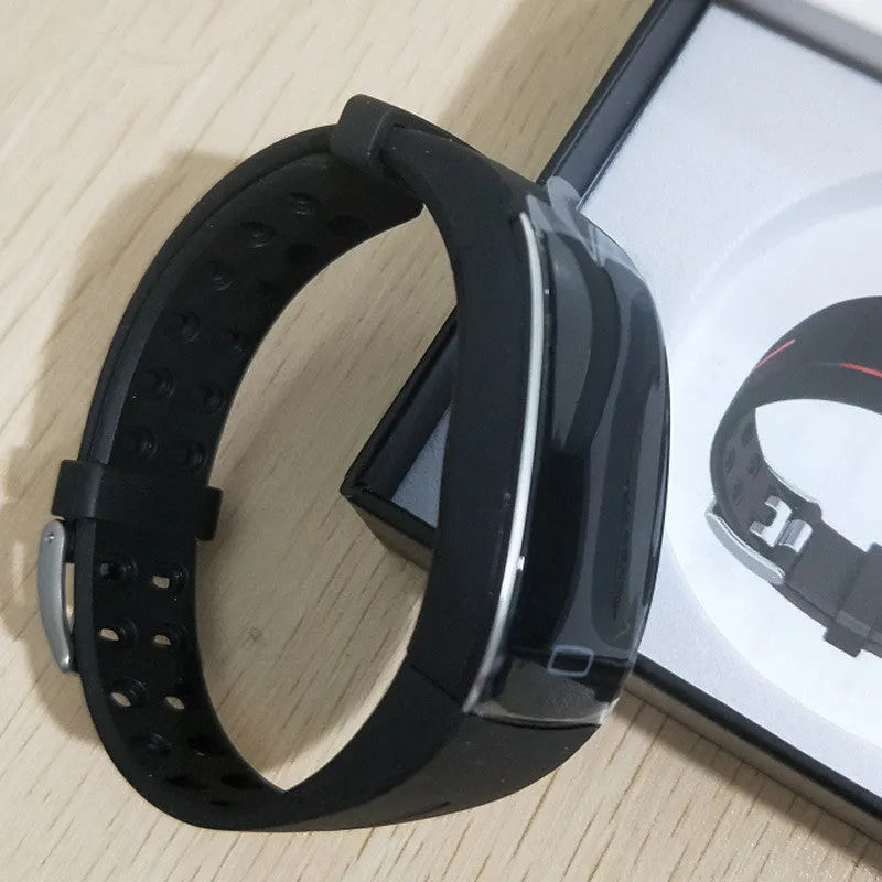 Smart watch with OLED touch display and silicone wristband on a wrist, showing heart rate monitoring screen