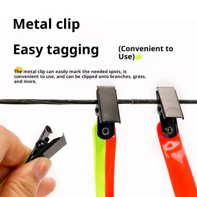 Yellow PVC road sign clip for archery target ribbon marking, size 10.3 cm, on a range background