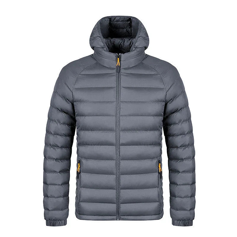 Versatile hooded jacket for men in various colors, featuring a lightweight and warm polyester design with a comfortable hood and convenient pockets.