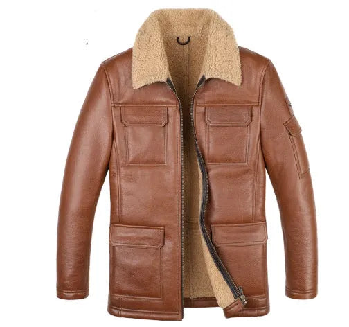 Champagne sheepskin trench coat with lapel collar and multiple pockets, slim fit midi length