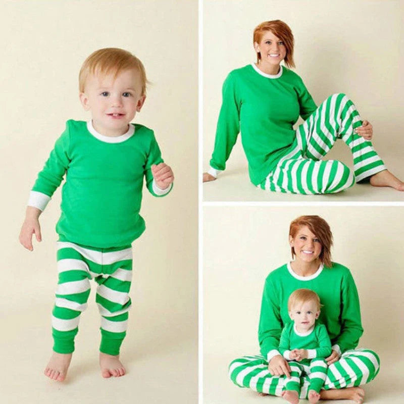Family striped Christmas pajamas in cotton, available in red and white or green