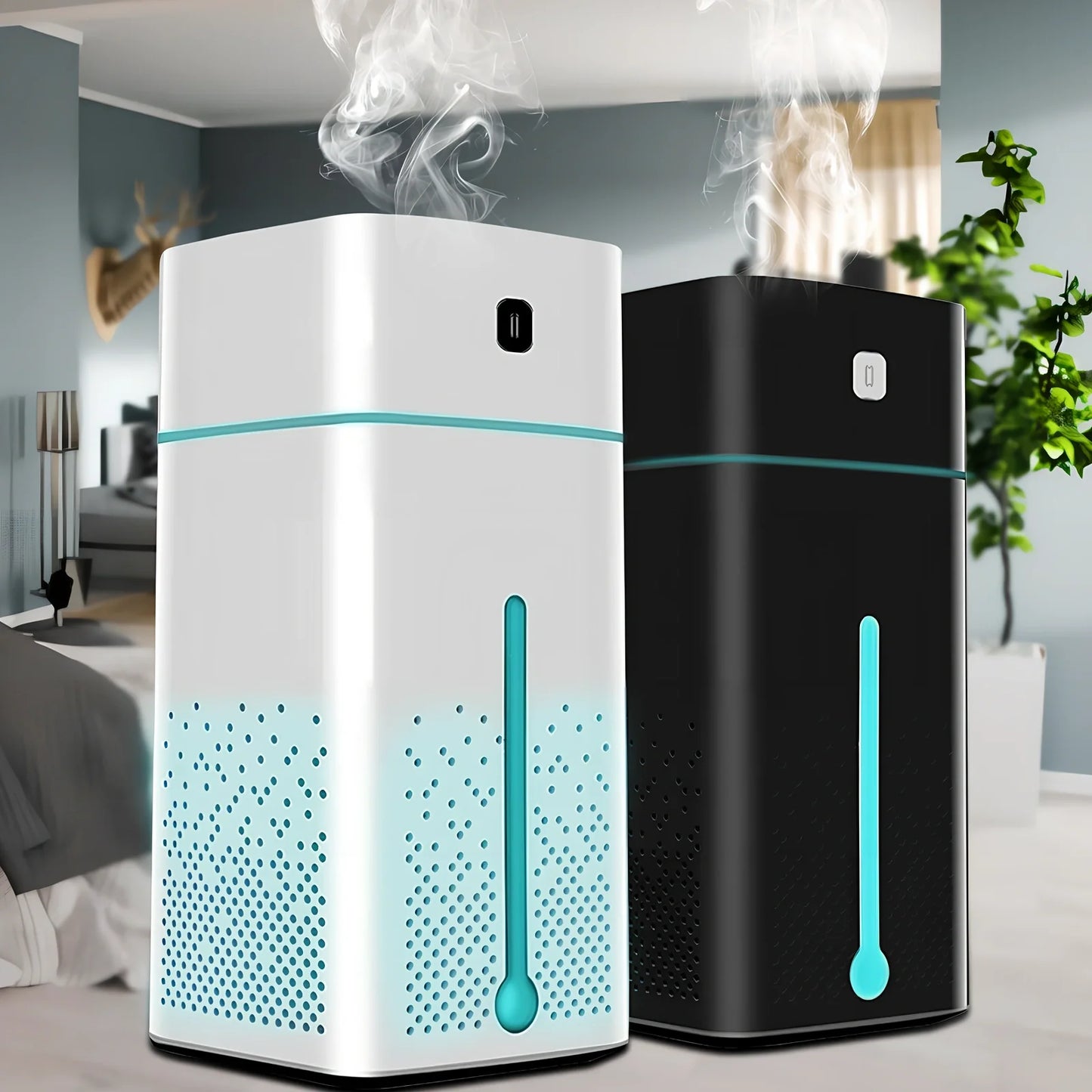 Black and white air purifier humidifier with LED lights and water tank for desktop use