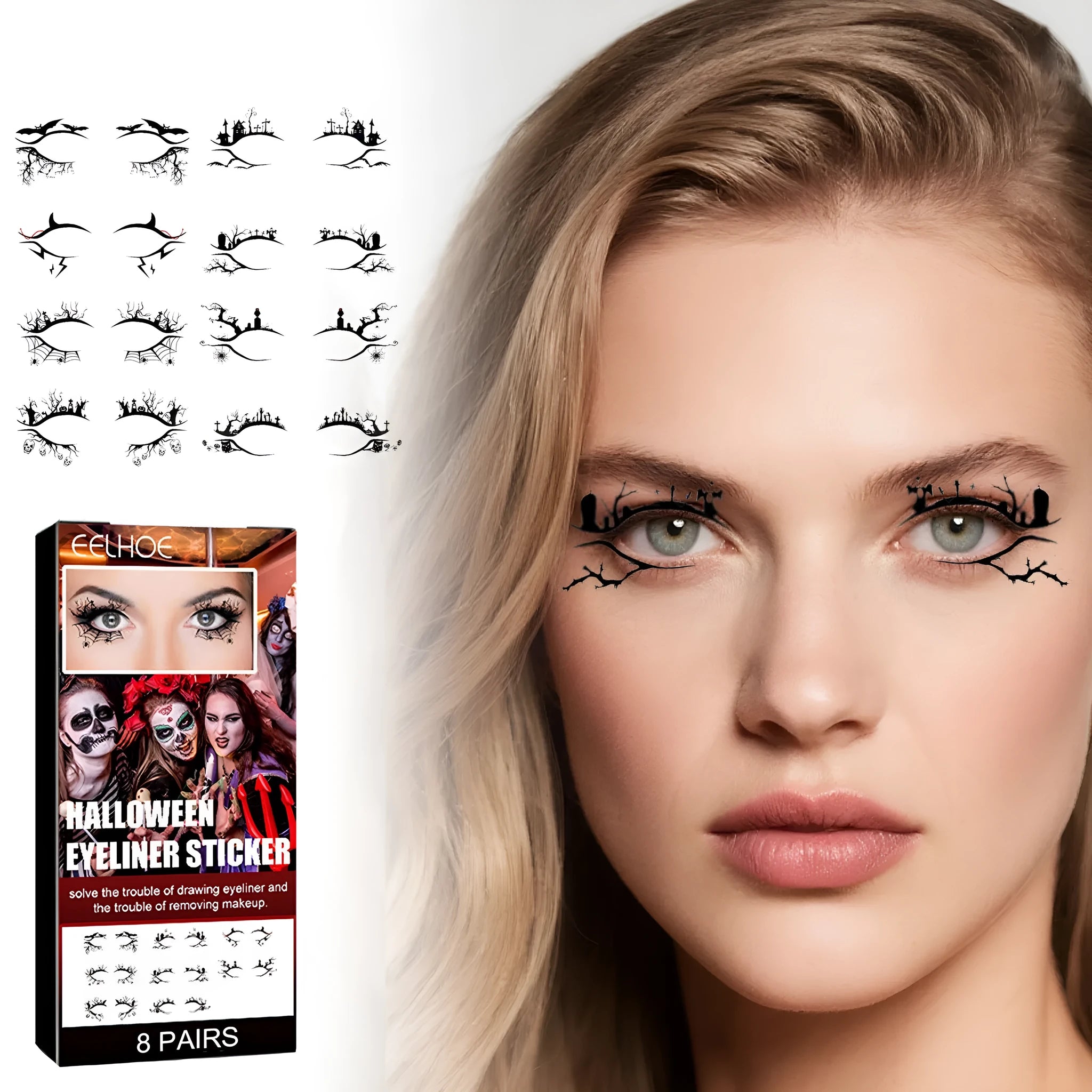 Bat and spider decorative eyeliner stickers set with 8 pairs for Halloween makeup