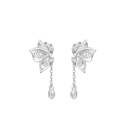 Women's S999 Sterling Silver Butterfly Tassel Earrings showcasing intricate design and shine