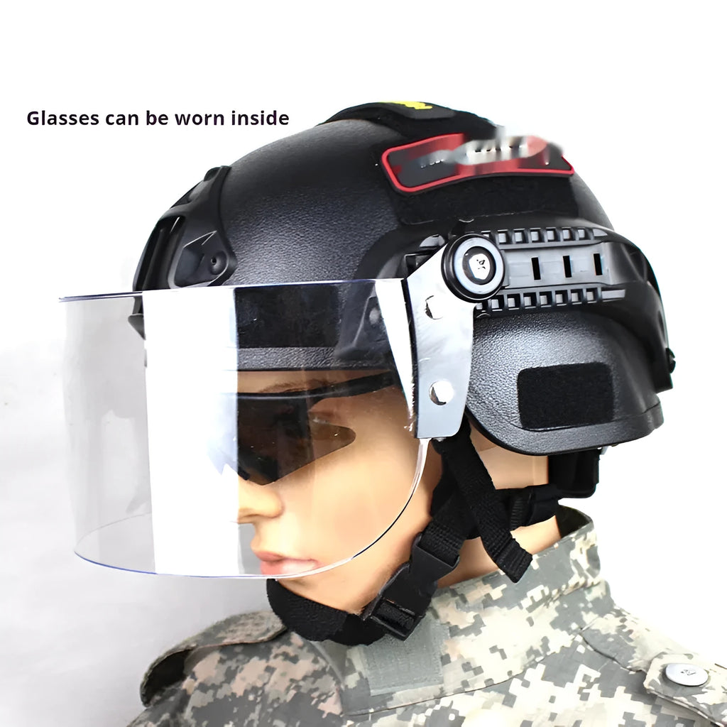 Transparent anti-riot tactical helmet shown in multiple colour options with protective visor