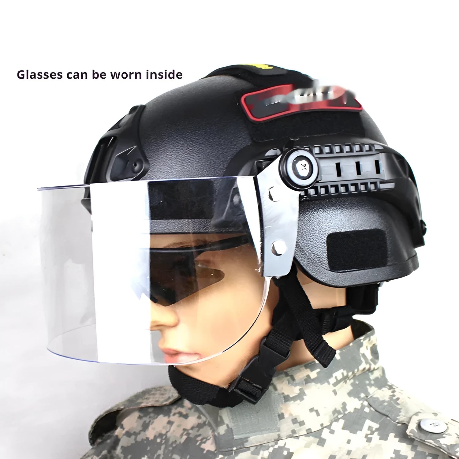 Transparent anti-riot tactical helmet shown in multiple colour options with protective visor