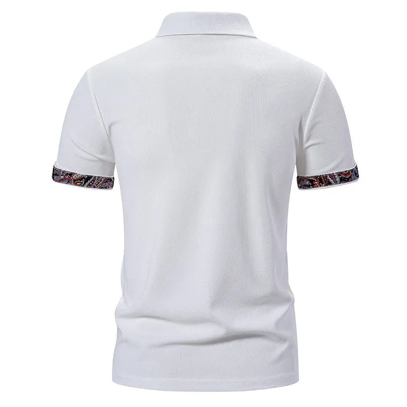 Men's white cotton blend polo shirt with a turnover collar and short sleeves on a hanger.