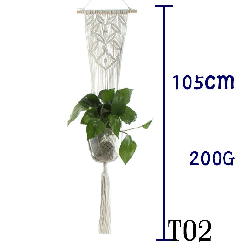 Handmade beige cotton rope flower pot net bag for indoor plants, American Country style