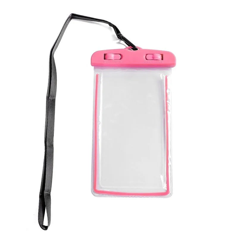 Luminous transparent PVC waterproof phone bag in orange, sealed with touchscreen access, for beach and swimming use