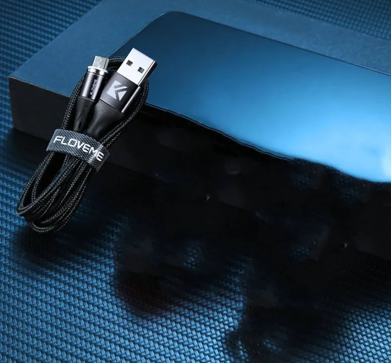 Black magnetic USB charging cable with LED light, compatible with Apple iPhone and Android phones
