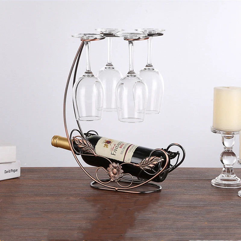 Copper wine rack hanging holder for double bottles and 4 cups in gold and bronze finishes