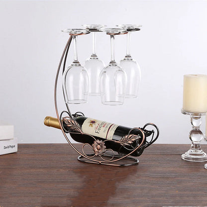 Copper wine rack hanging holder for double bottles and 4 cups in gold and bronze finishes