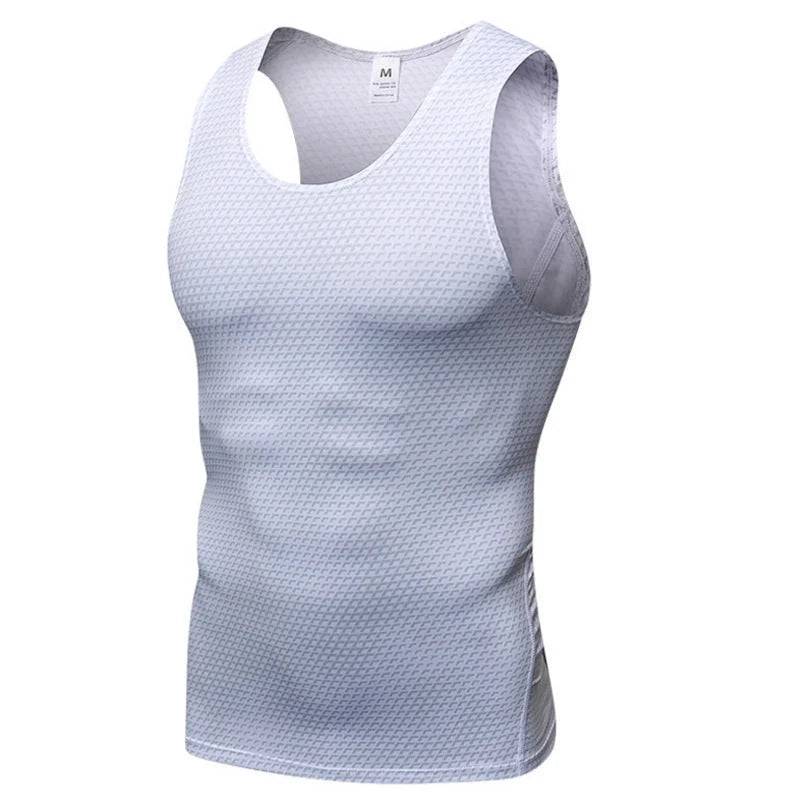 Men's sports vest in polyester fibre, available in blue, black, red, white, and grey