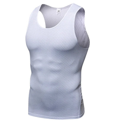 Men's sports vest in polyester fibre, available in blue, black, red, white, and grey